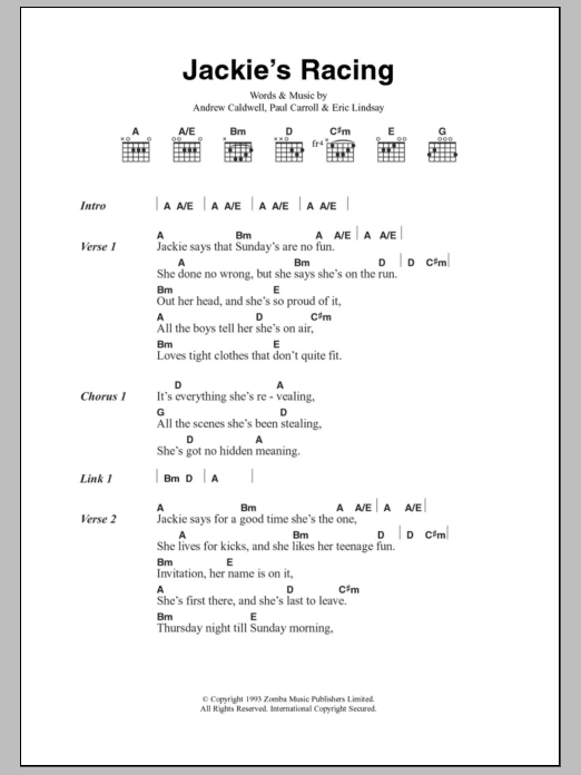 Whiteout Jackie's Racing sheet music notes and chords arranged for Guitar Chords/Lyrics