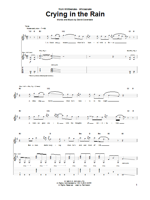 Whitesnake Crying In The Rain sheet music notes and chords arranged for Guitar Tab