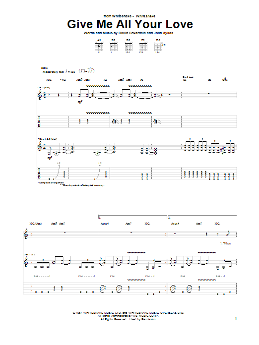 Whitesnake Give Me All Your Love sheet music notes and chords arranged for Guitar Tab