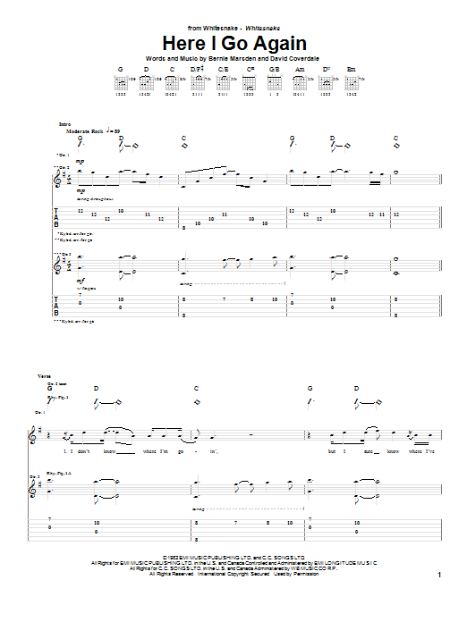 Whitesnake Here I Go Again sheet music notes and chords arranged for Guitar Tab (Single Guitar)