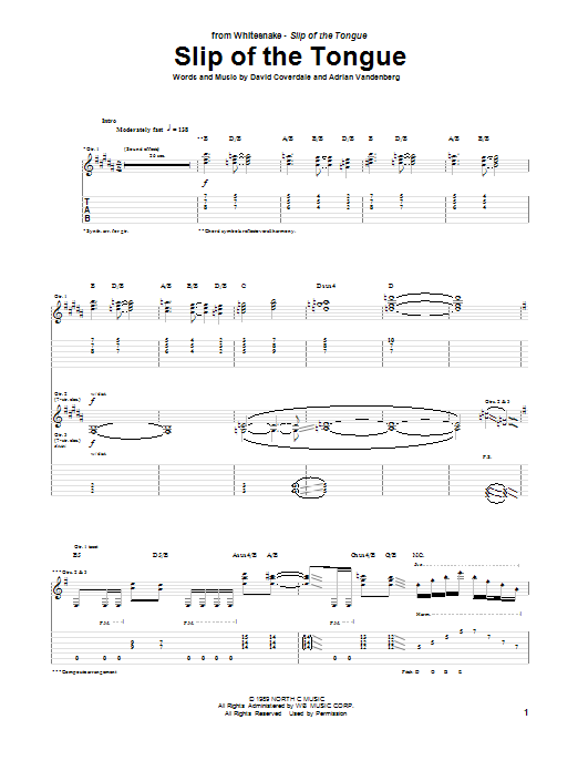 Whitesnake Slip Of The Tongue sheet music notes and chords arranged for Guitar Tab