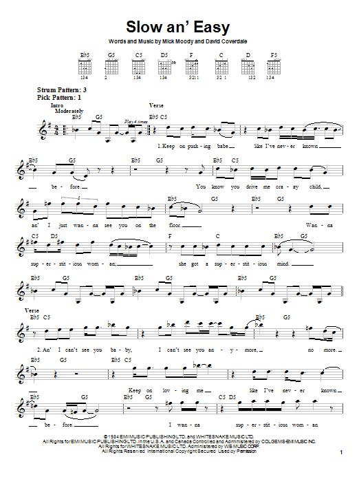 Whitesnake Slow An' Easy sheet music notes and chords arranged for Guitar Tab