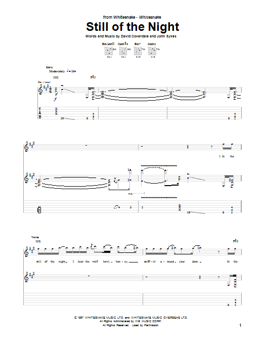 Whitesnake Still Of The Night sheet music notes and chords arranged for Guitar Tab