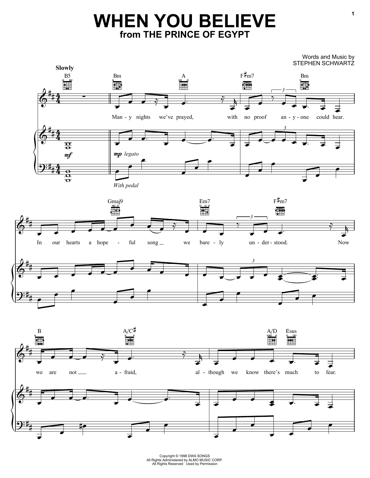 Whitney Houston and Mariah Carey When You Believe (From The Prince Of Egypt) sheet music notes and chords arranged for Piano, Vocal & Guitar Chords (Right-Hand Melody)