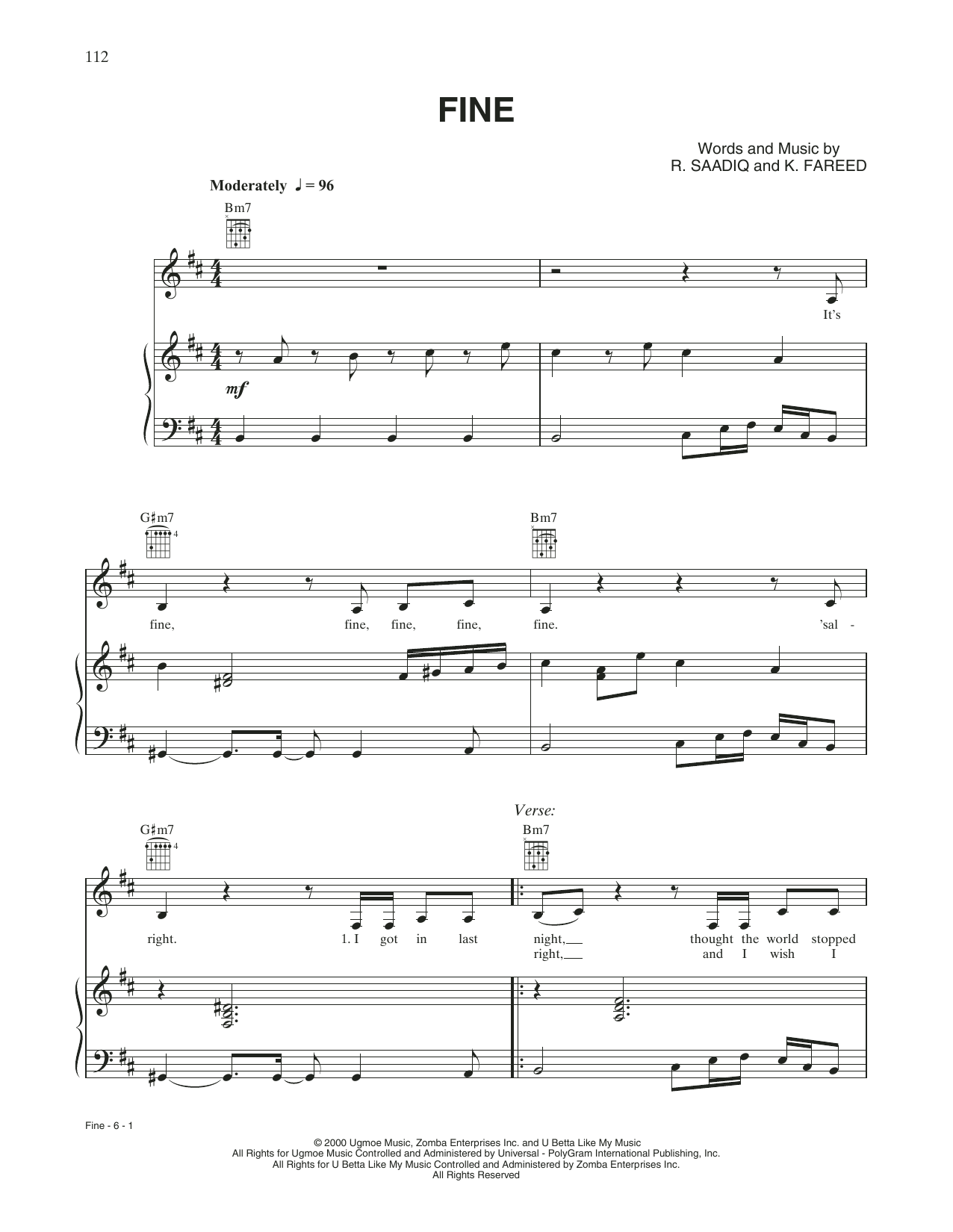 Whitney Houston Fine sheet music notes and chords arranged for Piano, Vocal & Guitar Chords (Right-Hand Melody)