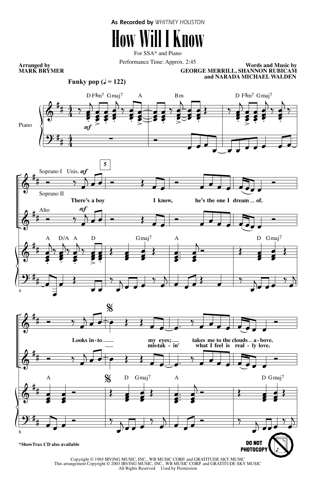 Whitney Houston How Will I Know (arr. Mark Brymer) sheet music notes and chords arranged for SSA Choir