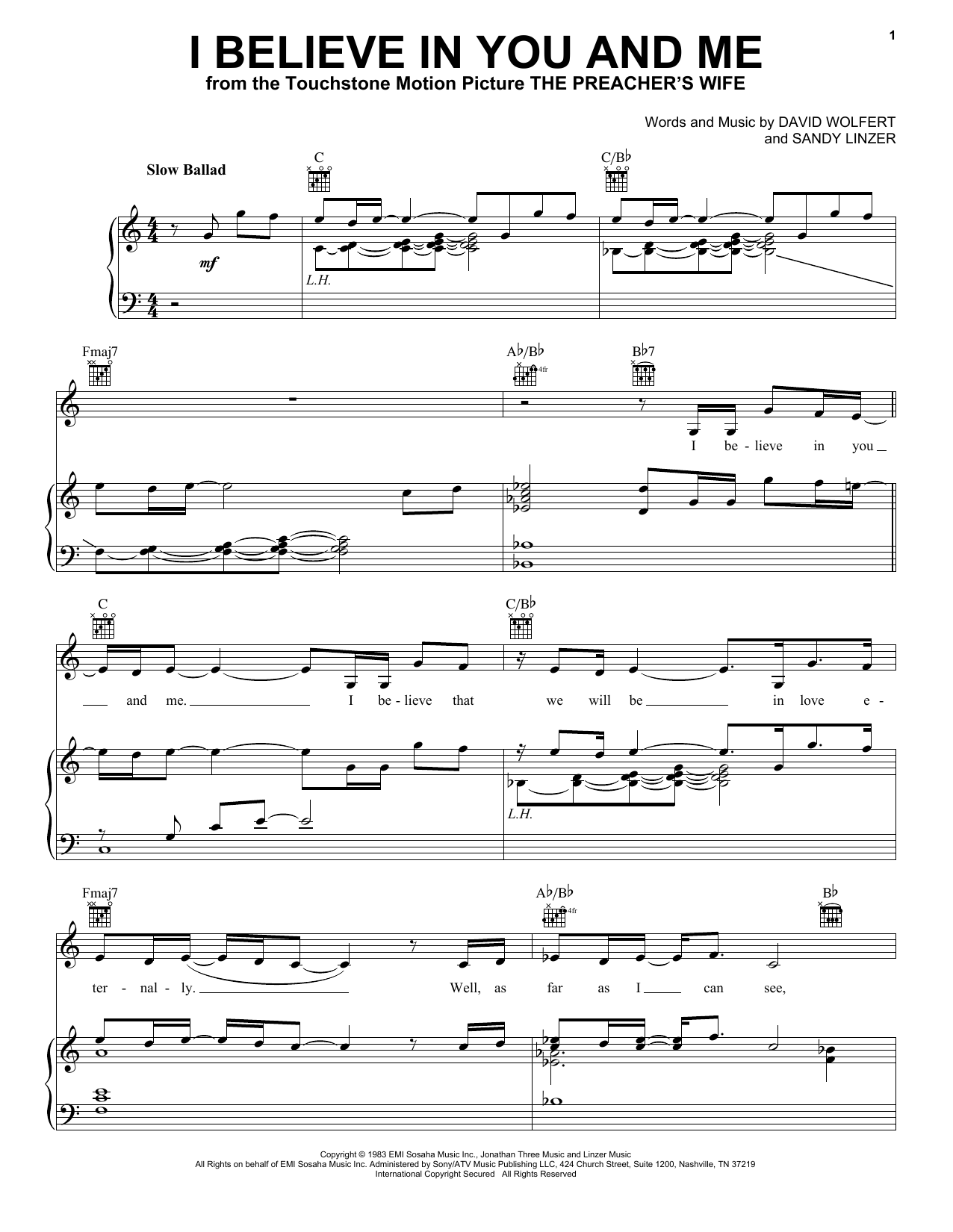 Whitney Houston I Believe In You And Me sheet music notes and chords arranged for Piano, Vocal & Guitar Chords (Right-Hand Melody)