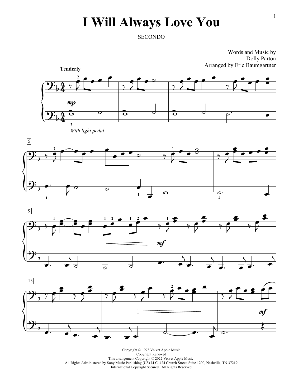 Whitney Houston I Will Always Love You (arr. Eric Baumgartner) sheet music notes and chords arranged for Piano Duet