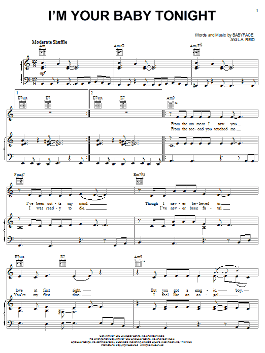 Whitney Houston I'm Your Baby Tonight sheet music notes and chords arranged for Easy Guitar