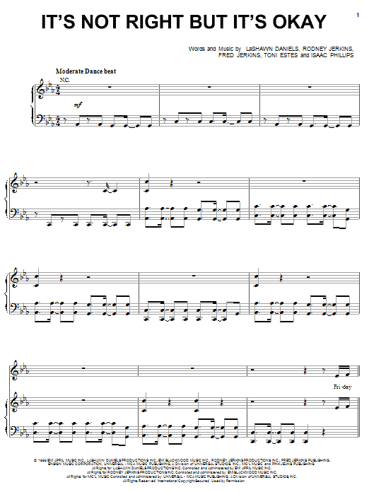 Whitney Houston It's Not Right But It's Okay sheet music notes and chords arranged for Piano, Vocal & Guitar Chords (Right-Hand Melody)
