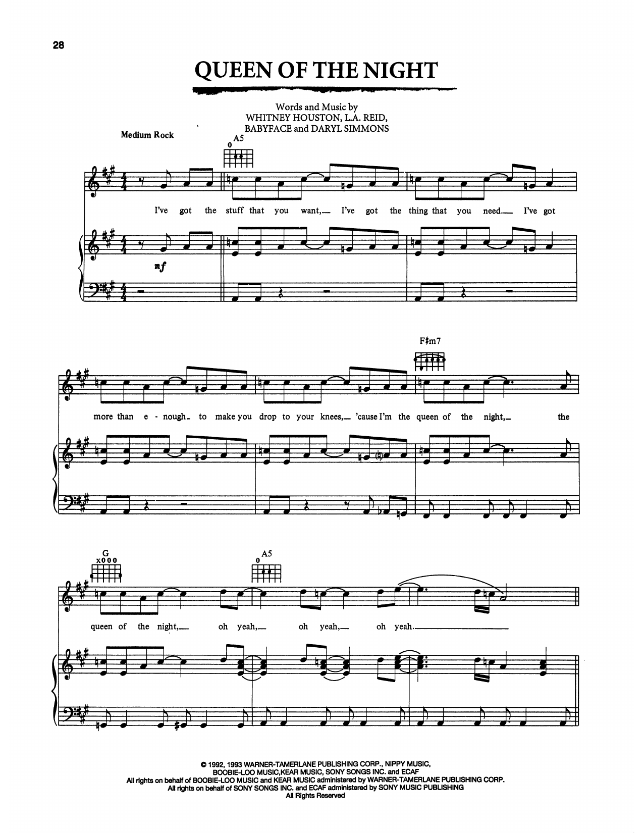 Whitney Houston Queen Of The Night (from The Bodyguard) sheet music notes and chords arranged for Piano, Vocal & Guitar Chords (Right-Hand Melody)