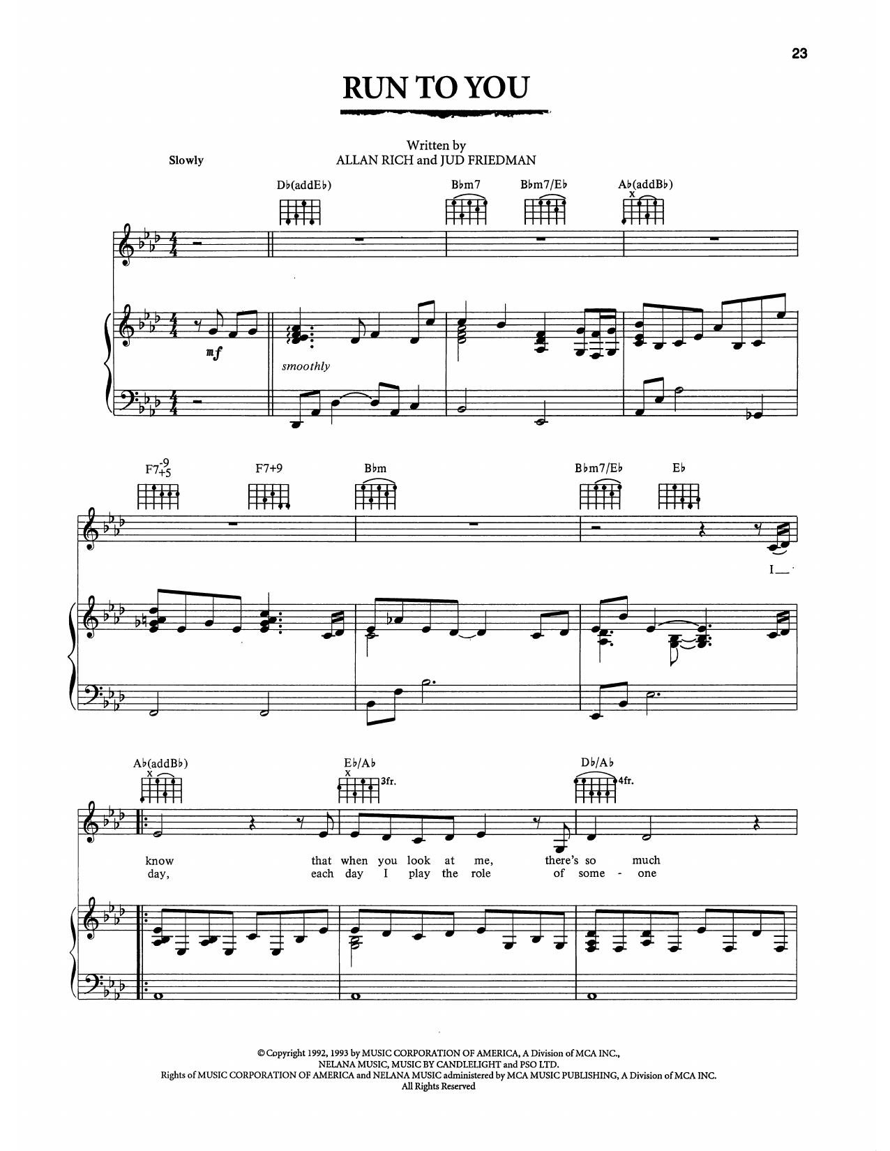 Whitney Houston Run To You (from The Bodyguard) sheet music notes and chords arranged for Piano, Vocal & Guitar Chords (Right-Hand Melody)