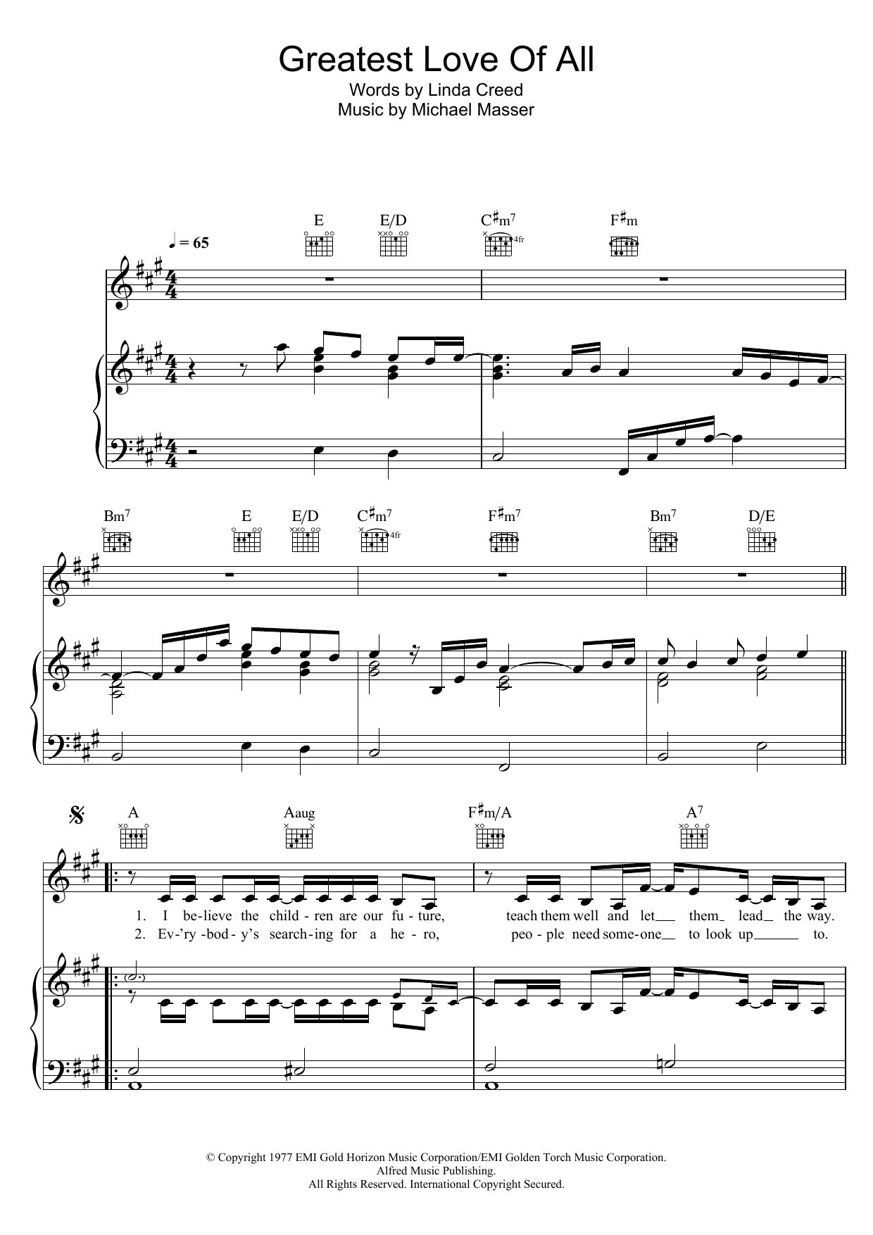 Whitney Houston The Greatest Love Of All sheet music notes and chords arranged for Piano Solo