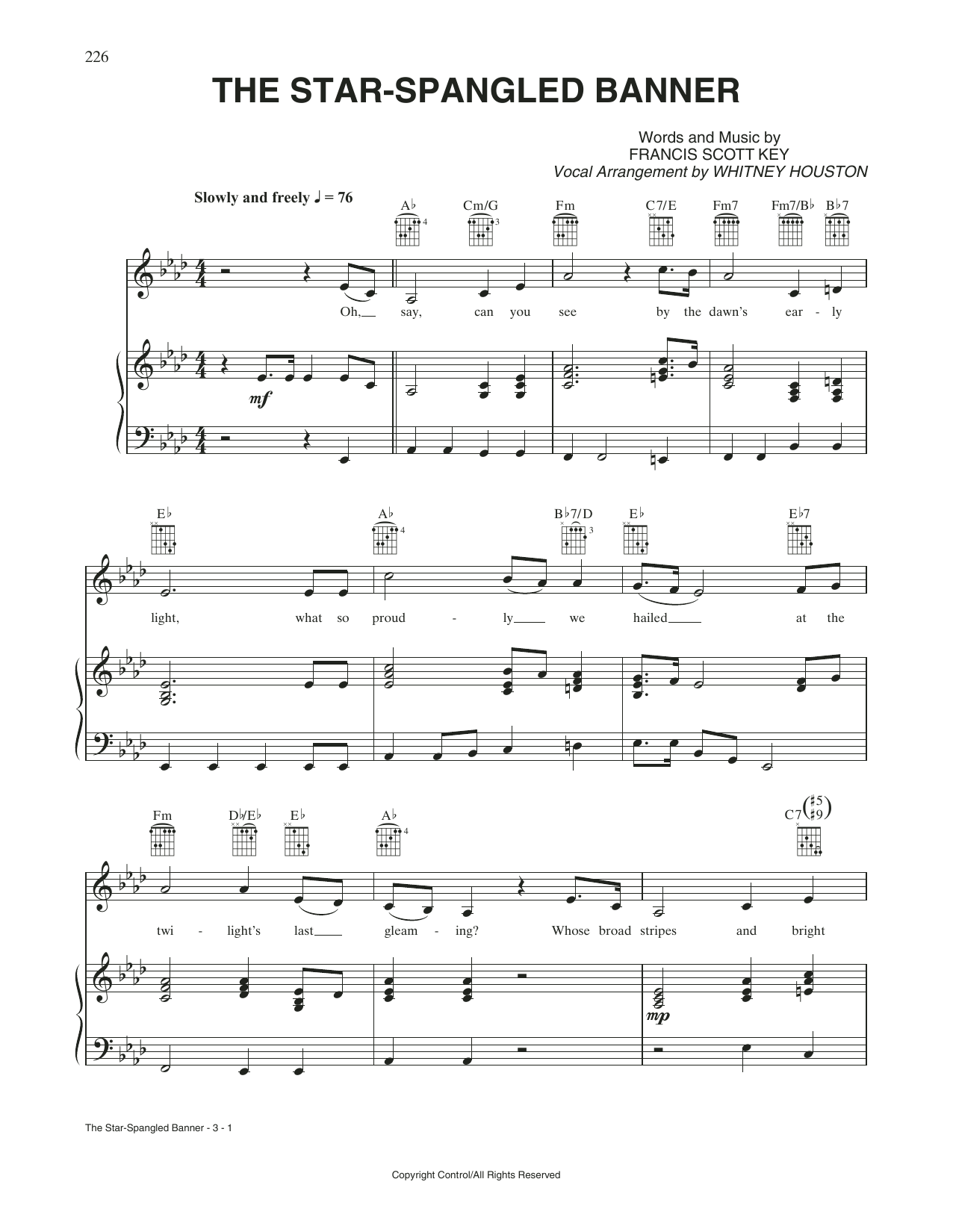 Whitney Houston The Star-Spangled Banner sheet music notes and chords arranged for Piano, Vocal & Guitar Chords (Right-Hand Melody)