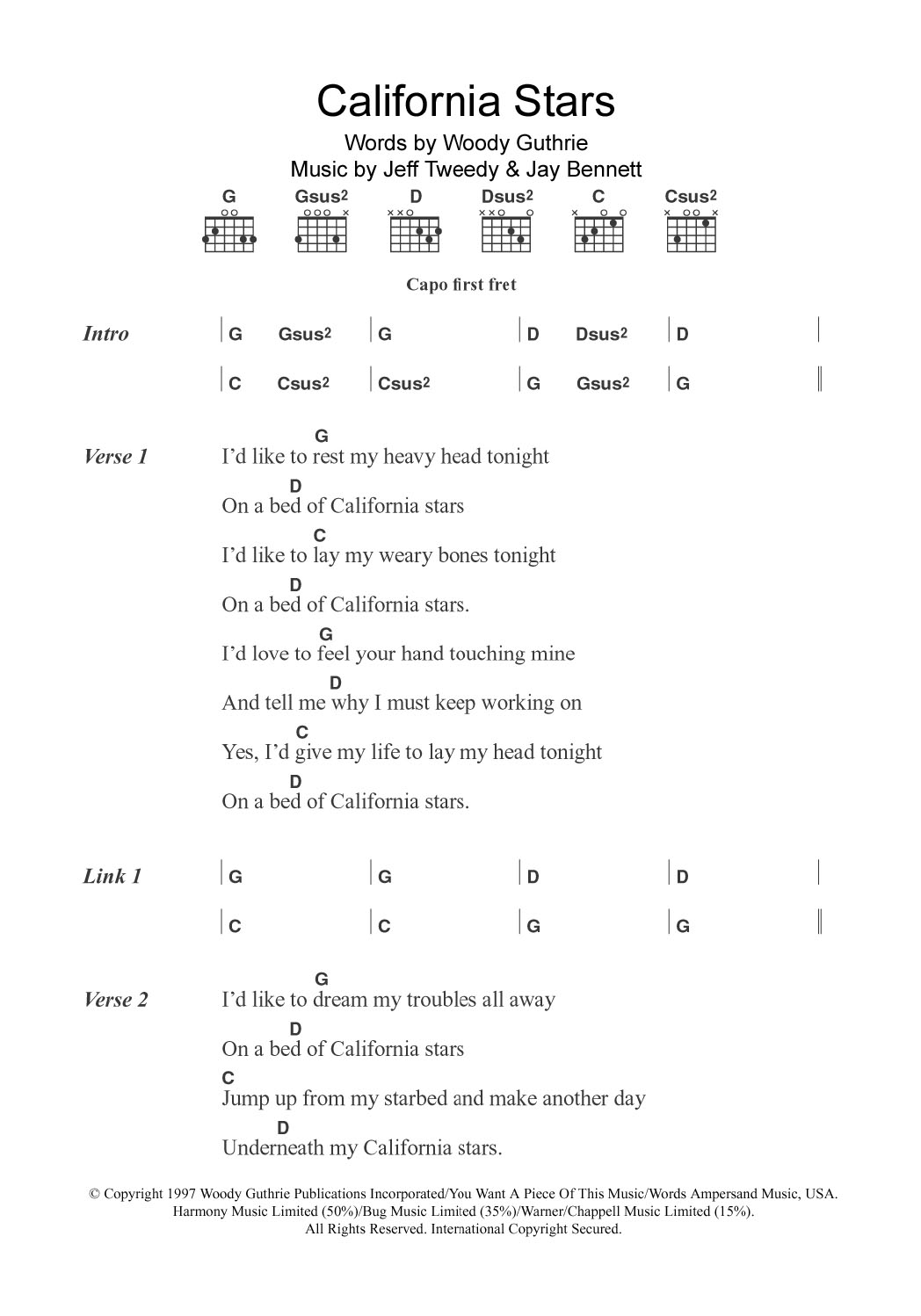 Wilco & Billy Bragg California Stars sheet music notes and chords arranged for Guitar Chords/Lyrics