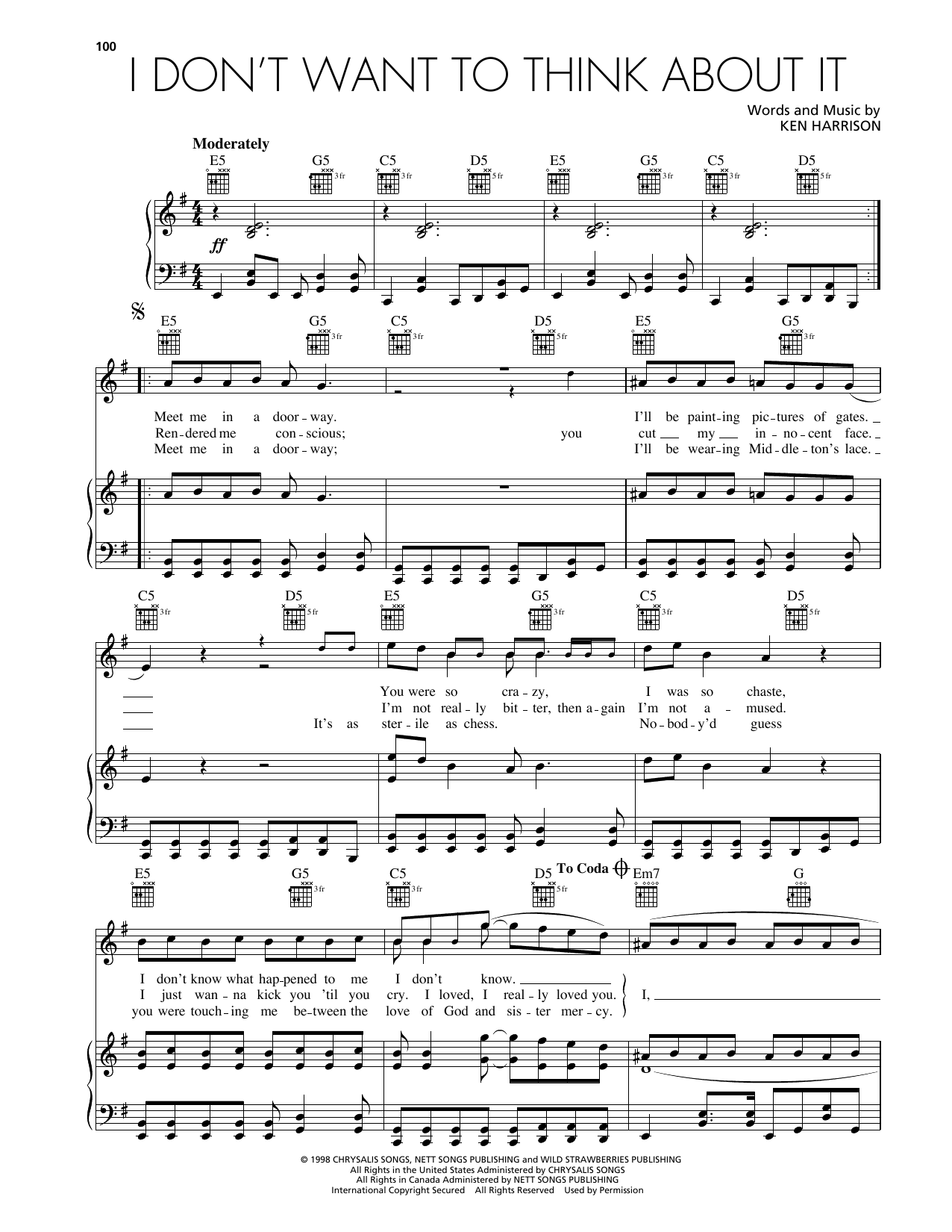 Wild Strawberries I Don't Want To Think About It sheet music notes and chords arranged for Piano, Vocal & Guitar Chords (Right-Hand Melody)