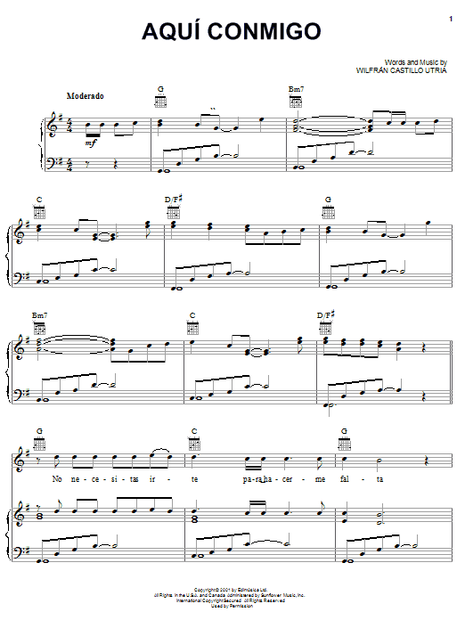 Wilfran Castillo Utria Aqui Conmigo sheet music notes and chords arranged for Piano, Vocal & Guitar Chords (Right-Hand Melody)