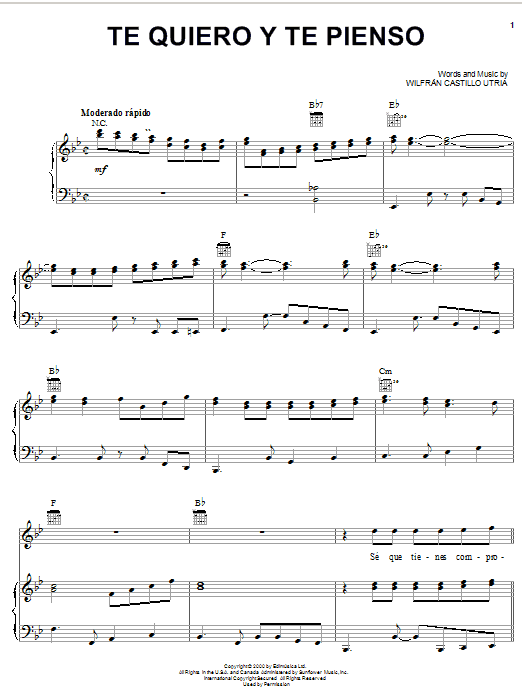 Wilfran Castillo Utria Te Quiero Y Te Pienso sheet music notes and chords arranged for Piano, Vocal & Guitar Chords (Right-Hand Melody)