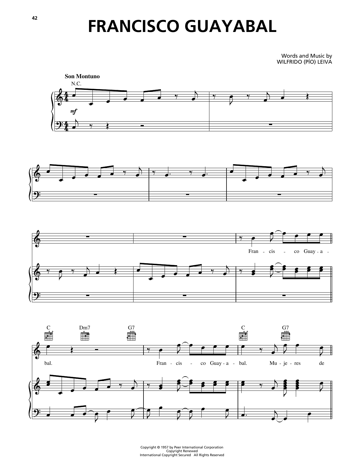 Wilfrido (Pio) Leiva Francisco Guayabal sheet music notes and chords arranged for Piano, Vocal & Guitar Chords (Right-Hand Melody)