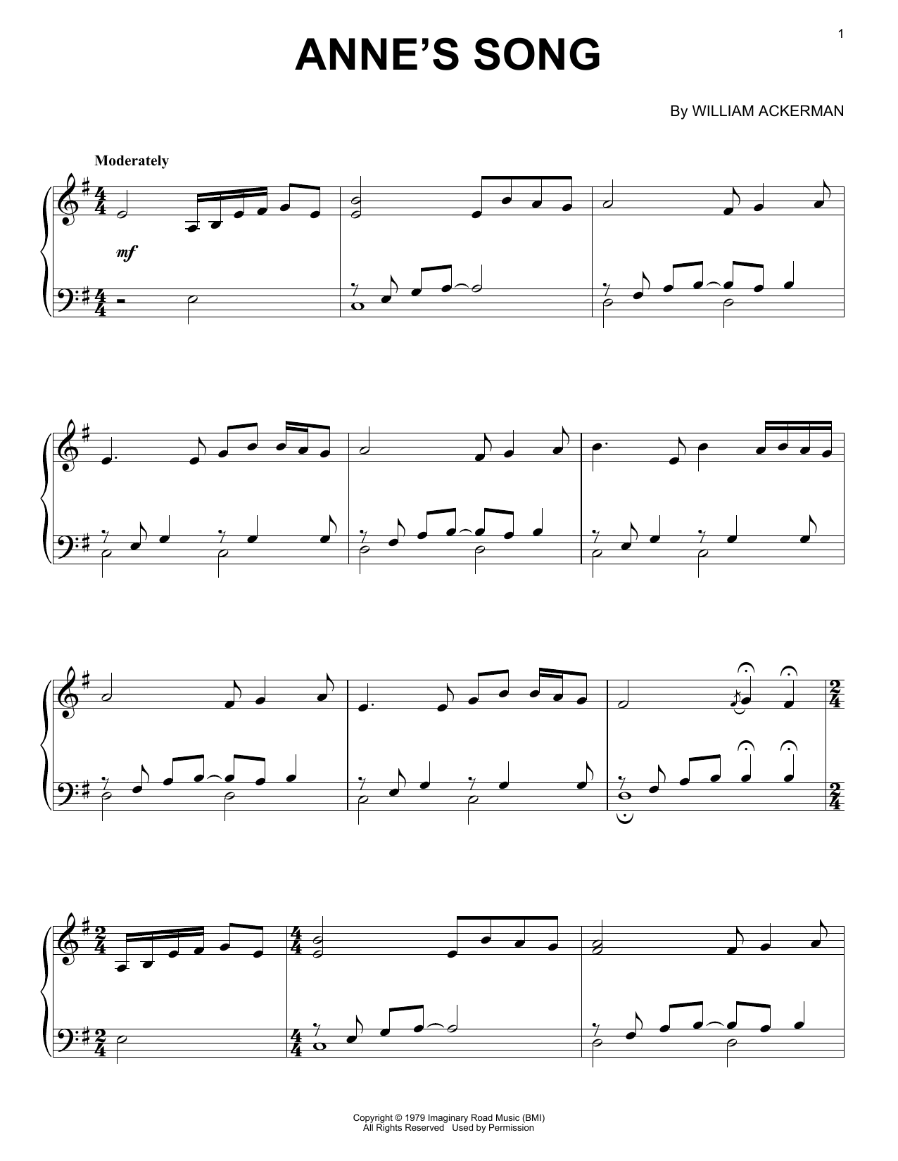 Will Ackerman Anne's Song sheet music notes and chords arranged for Piano Solo