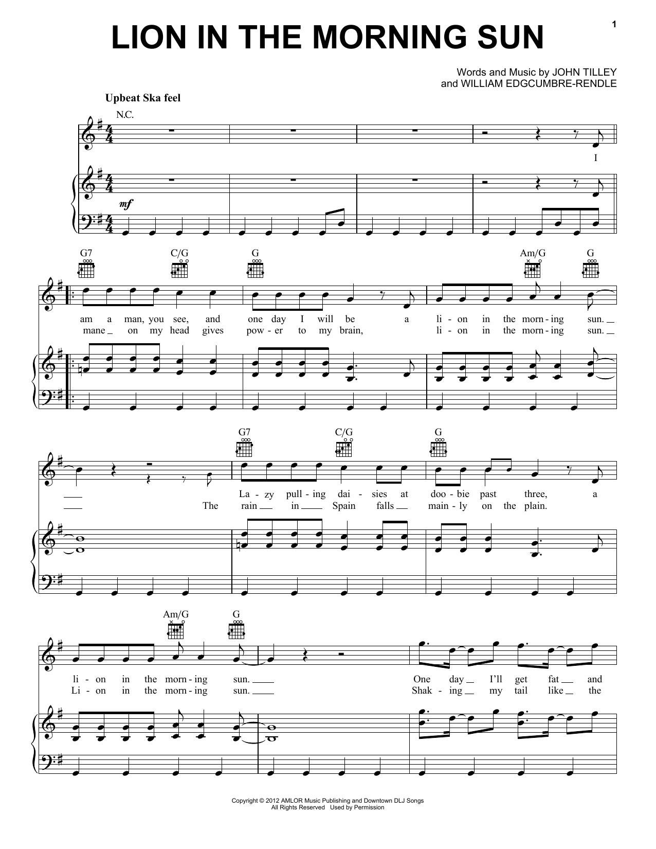 Will and the People Lion In The Morning Sun sheet music notes and chords arranged for Piano, Vocal & Guitar Chords (Right-Hand Melody)