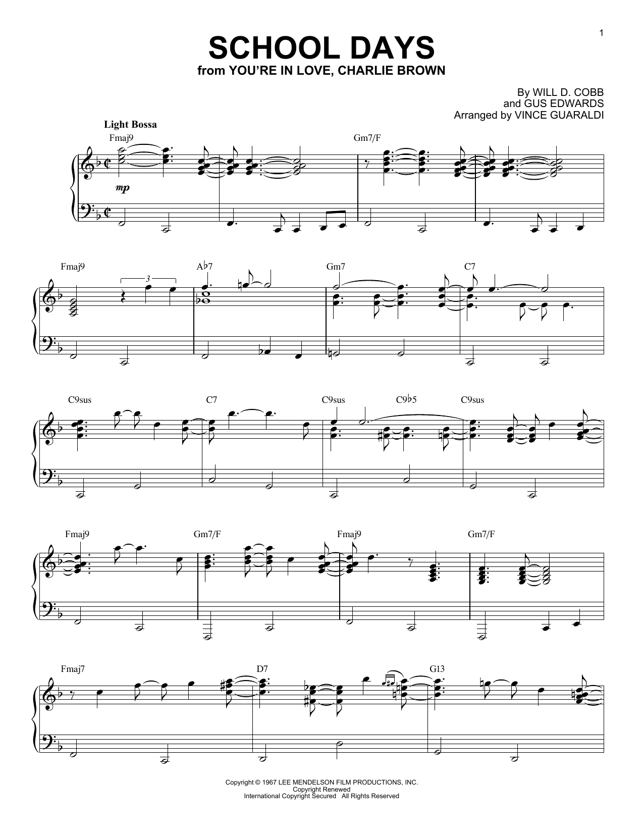 Will D. Cobb & Gus Edwards School Days (arr. Vince Guaraldi) sheet music notes and chords arranged for Piano Solo