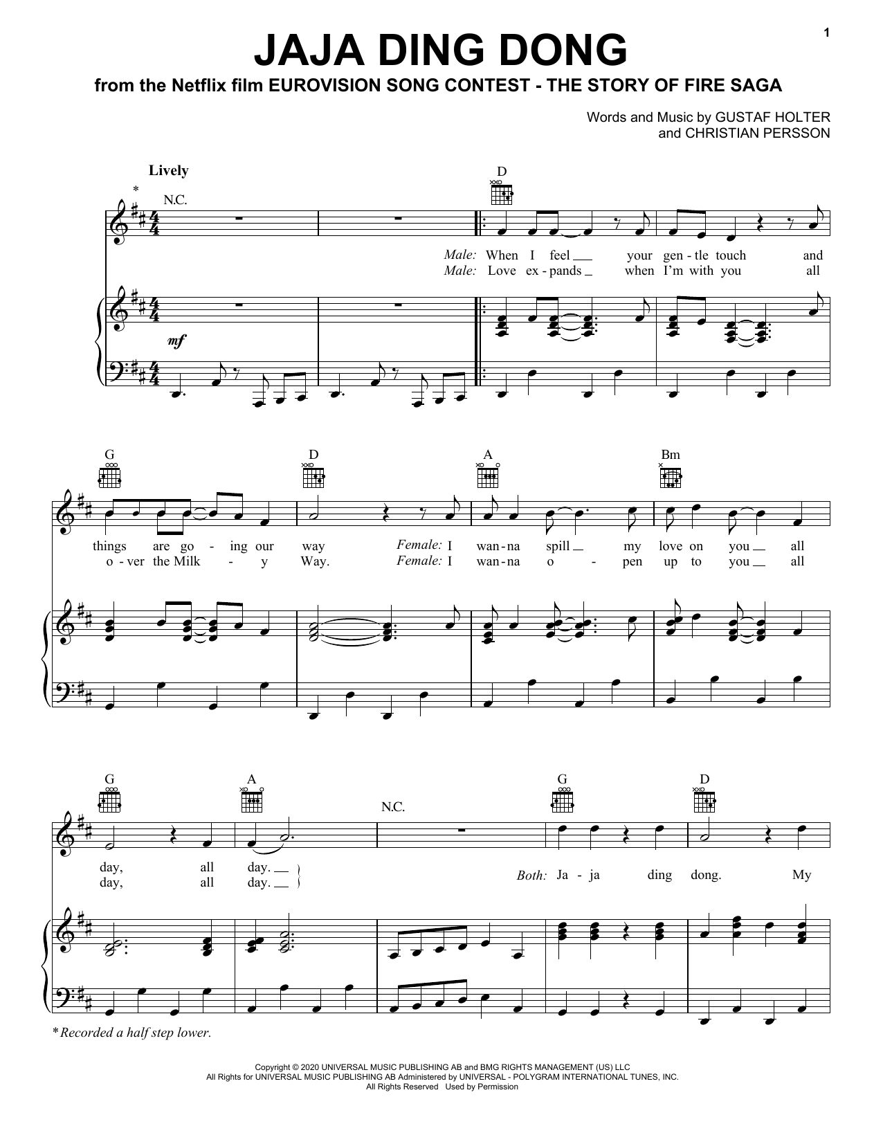 Will Ferrell & My Marianne Jaja Ding Dong (from Eurovision Song Contest: The Story of Fire Saga) sheet music notes and chords arranged for Piano, Vocal & Guitar Chords (Right-Hand Melody)
