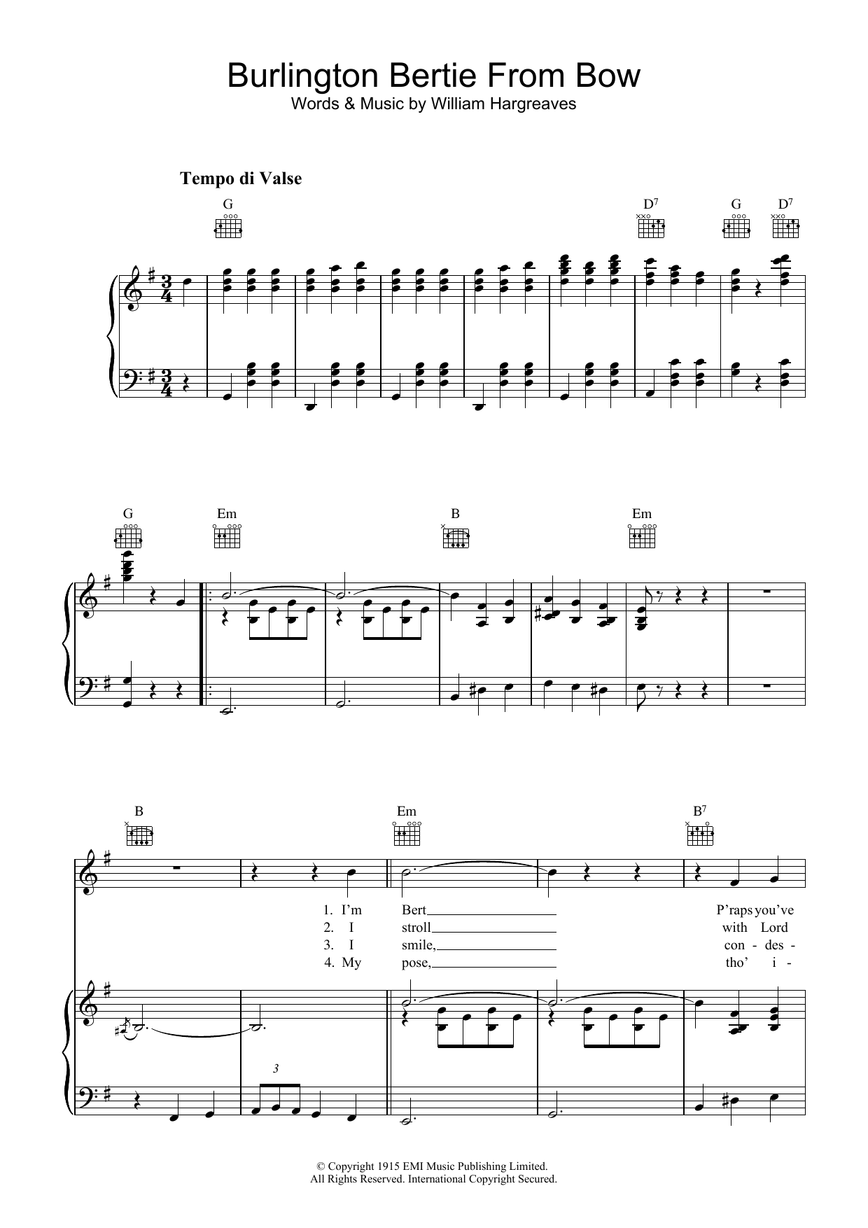 Will Hargreaves Burlington Bertie From Bow sheet music notes and chords arranged for Piano, Vocal & Guitar Chords