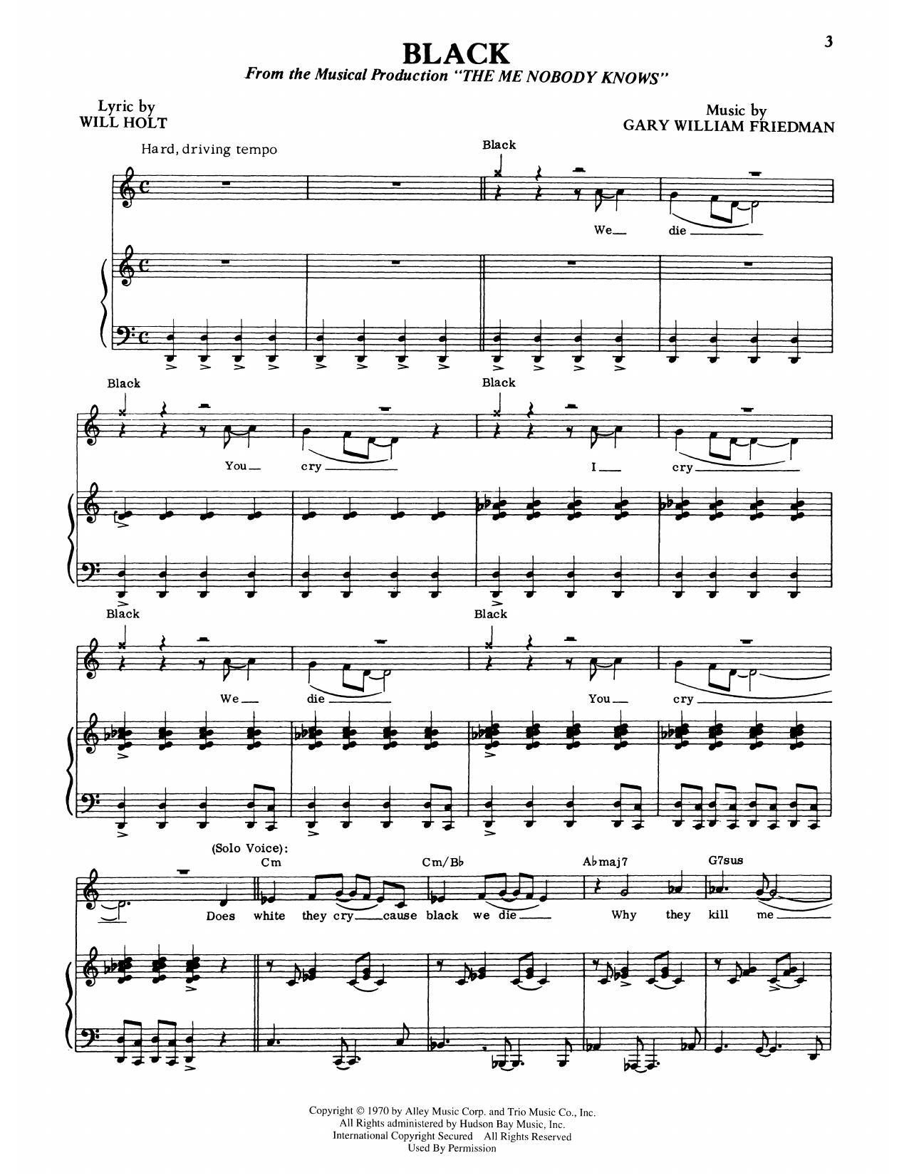 Will Holt Black (from The Me Nobody Knows) sheet music notes and chords arranged for Piano & Vocal