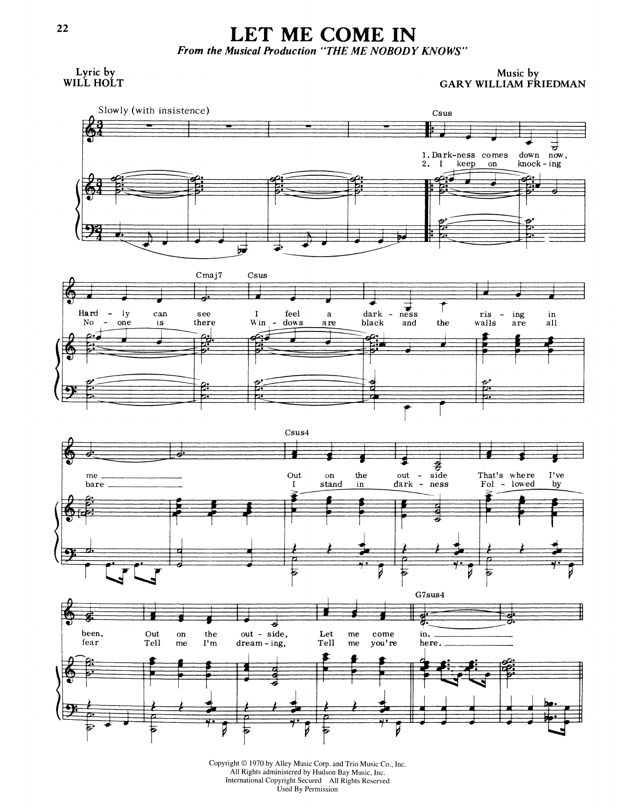 Will Holt Let Me Come In (from The Me Nobody Knows) sheet music notes and chords arranged for Piano & Vocal