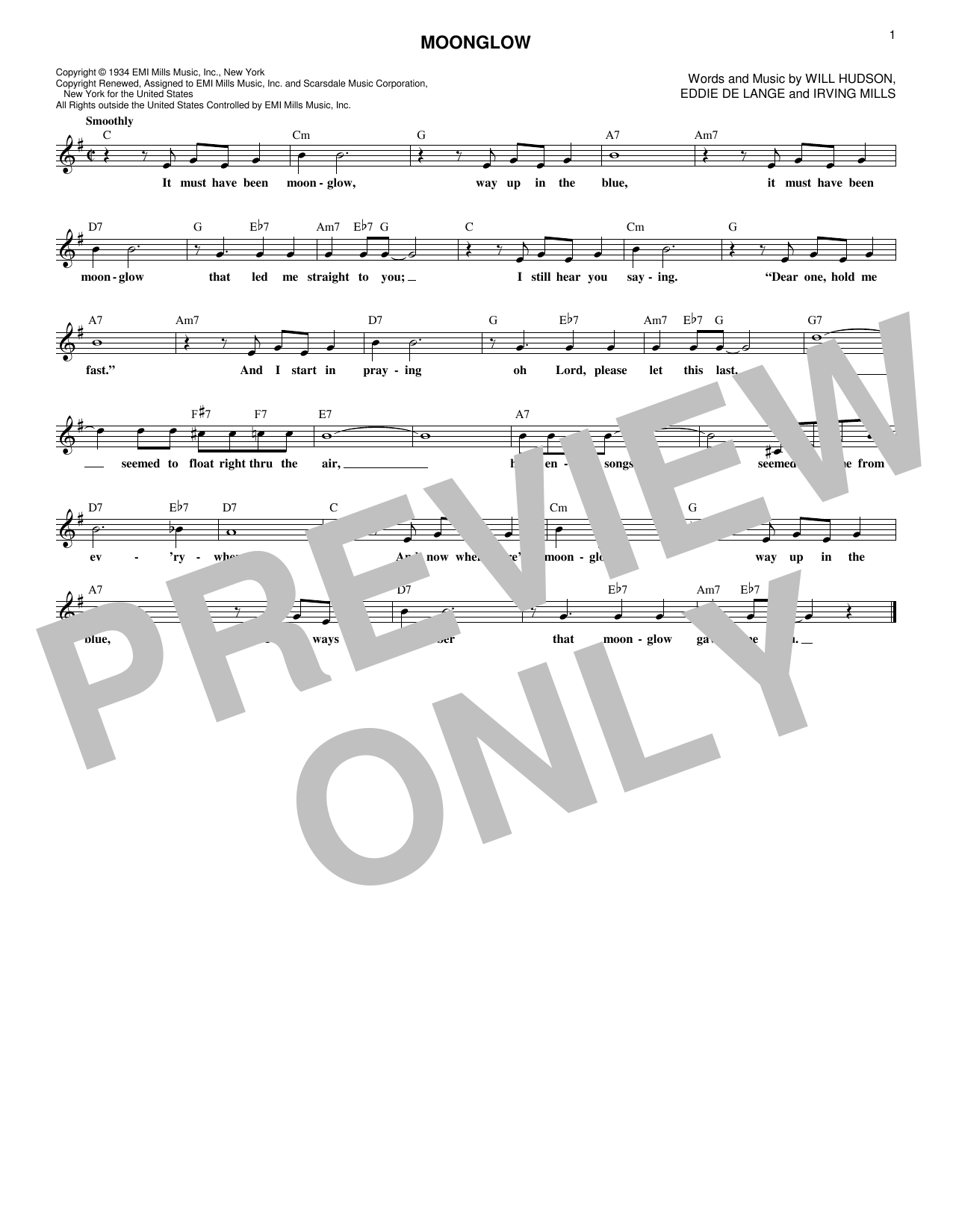 Will Hudson, Eddie DeLange and Irving Mills Moonglow sheet music notes and chords arranged for Lead Sheet / Fake Book