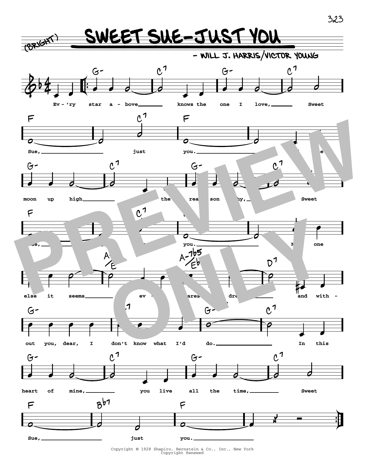Will J. Harris Sweet Sue-Just You (arr. Robert Rawlins) sheet music notes and chords arranged for Real Book – Melody, Lyrics & Chords