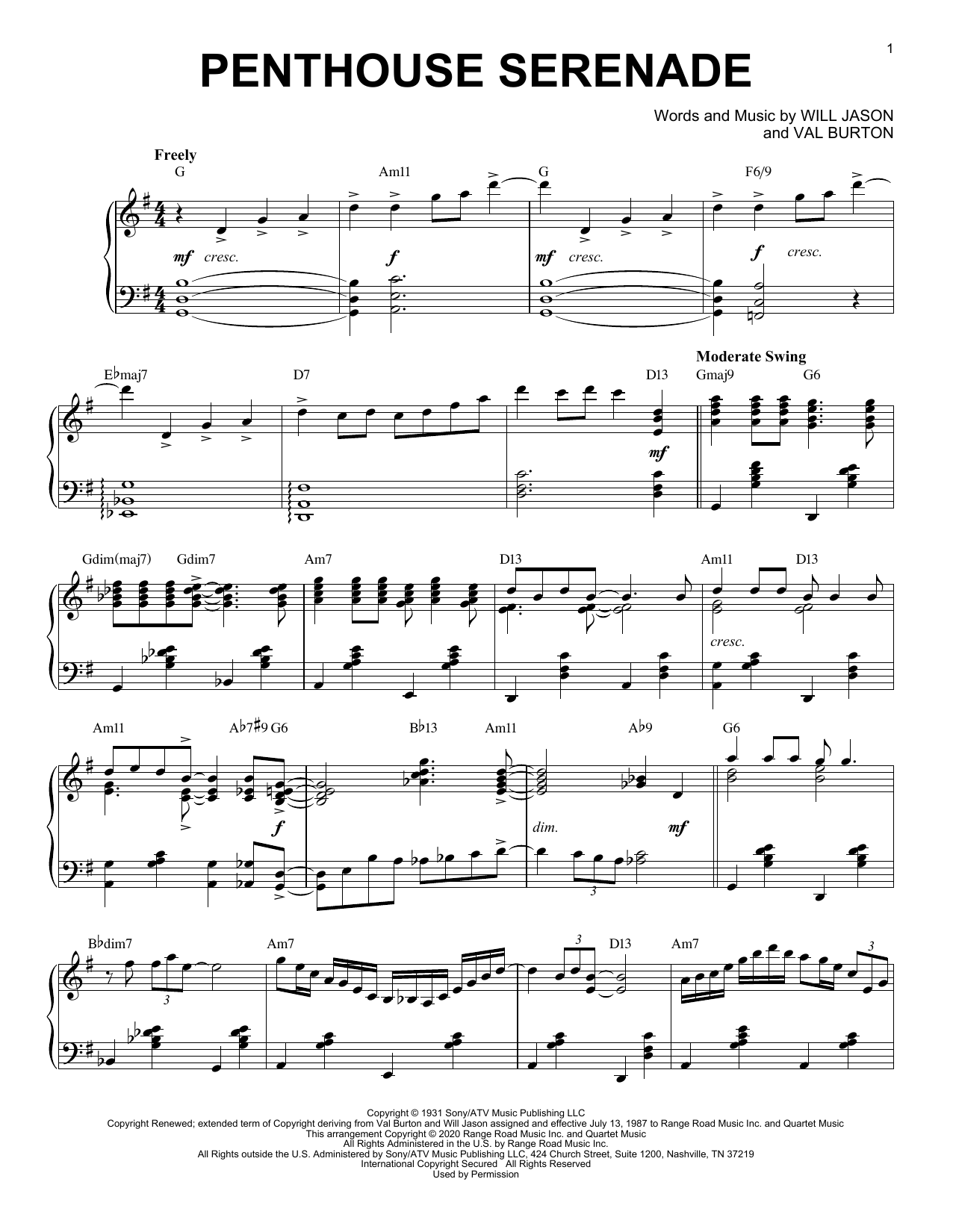 Will Jason Penthouse Serenade [Jazz version] (arr. Brent Edstrom) sheet music notes and chords arranged for Piano Solo