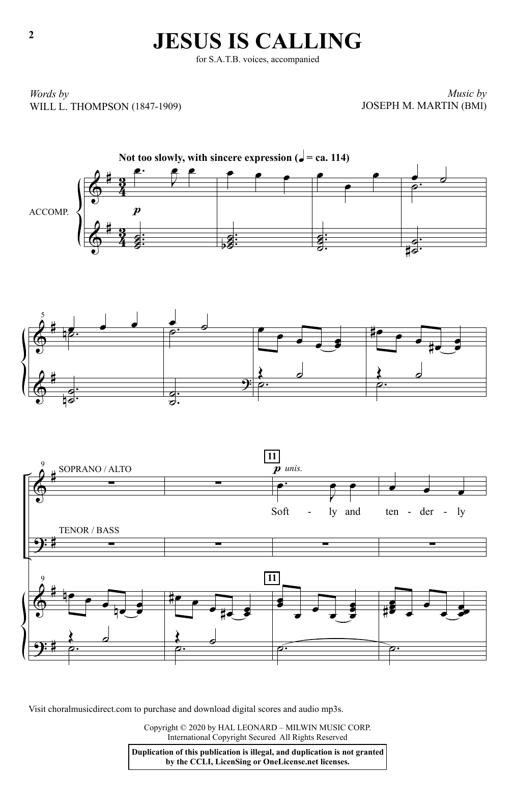 Will L. Thompson and Joseph M. Martin Jesus Is Calling sheet music notes and chords arranged for SATB Choir