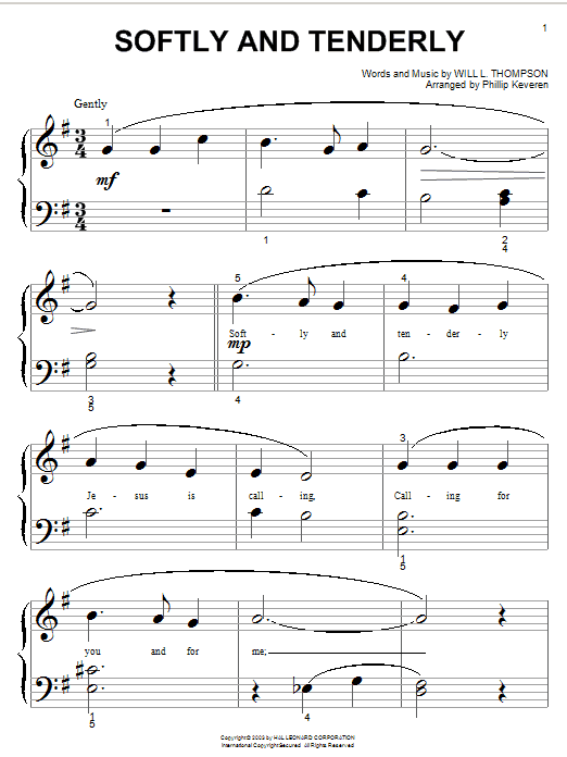 Will L. Thompson Softly And Tenderly (arr. Phillip Keveren) sheet music notes and chords arranged for Big Note Piano