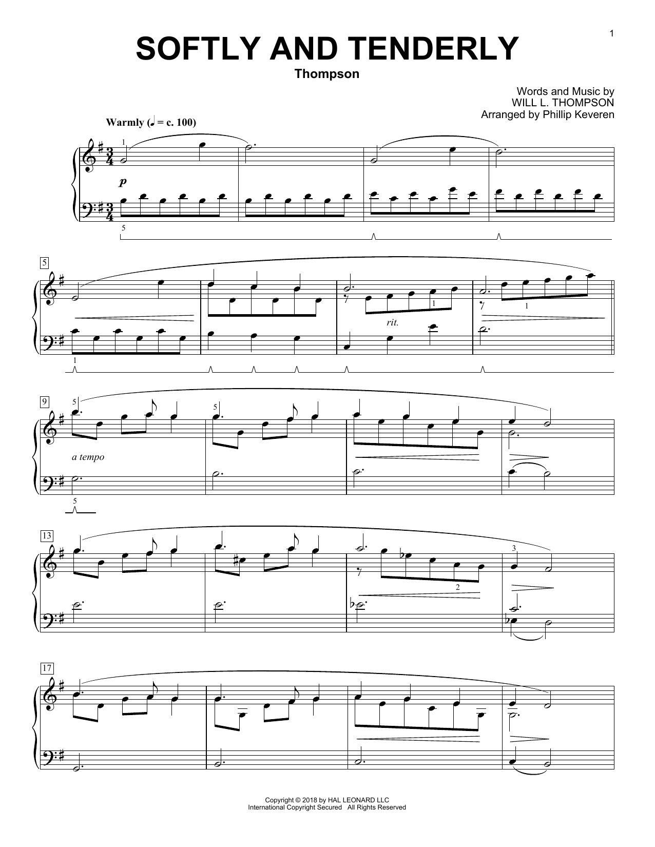 Will L. Thompson Softly And Tenderly [Classical version] (arr. Phillip Keveren) sheet music notes and chords arranged for Piano Solo