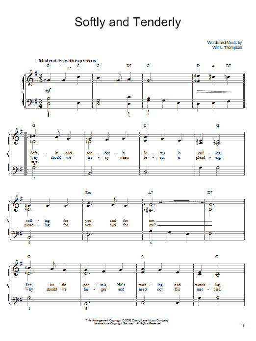 Will L. Thompson Softly And Tenderly sheet music notes and chords arranged for Easy Piano