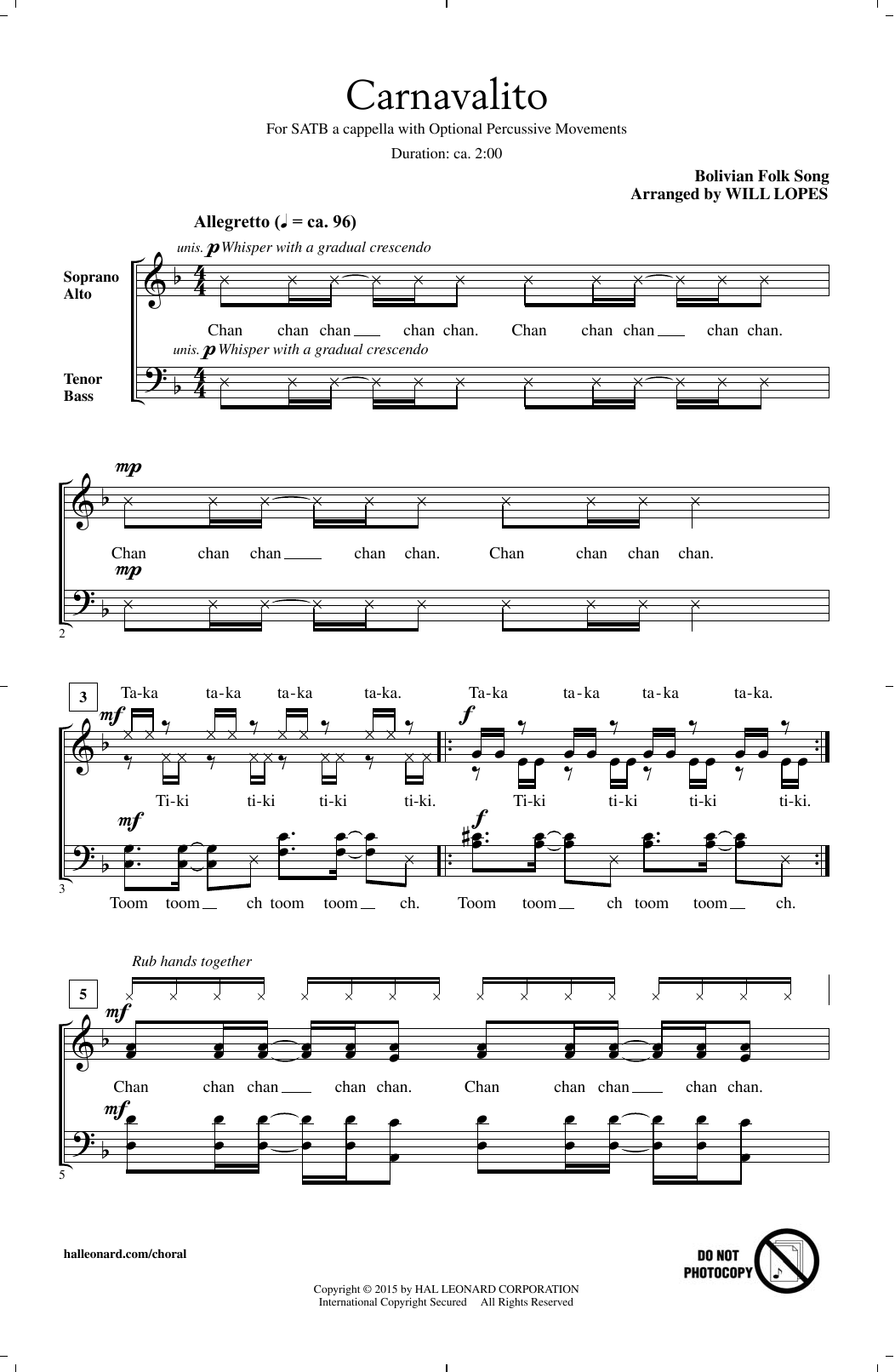 Will Lopes Carnavalito sheet music notes and chords arranged for SATB Choir