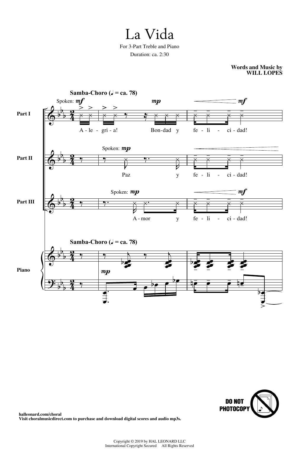 Will Lopes La Vida sheet music notes and chords arranged for 3-Part Treble Choir