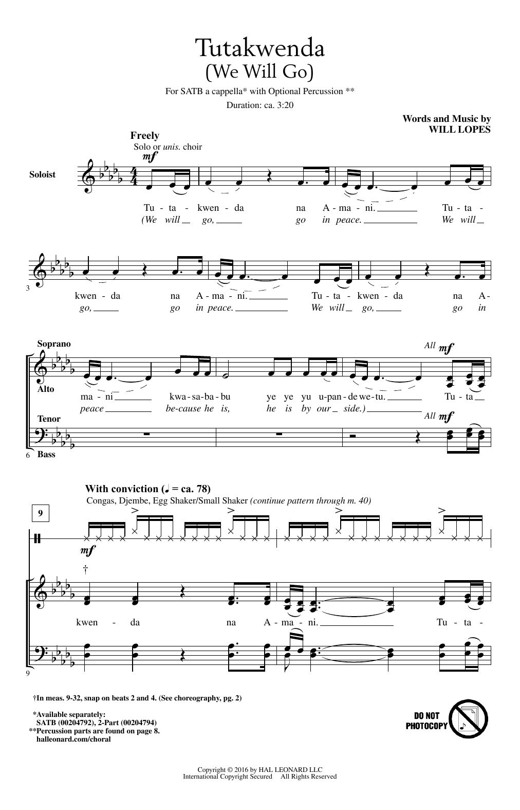 Will Lopes Tutakwenda (We Will Go) sheet music notes and chords arranged for 2-Part Choir