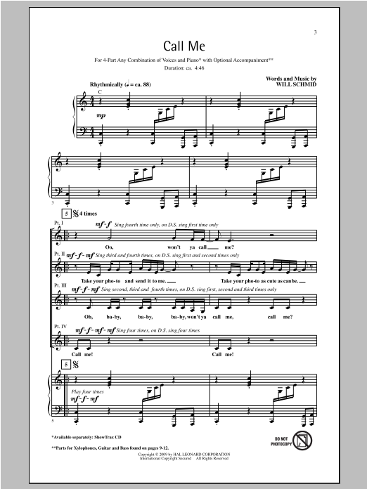 Will Schmid Call Me sheet music notes and chords arranged for 4-Part Choir