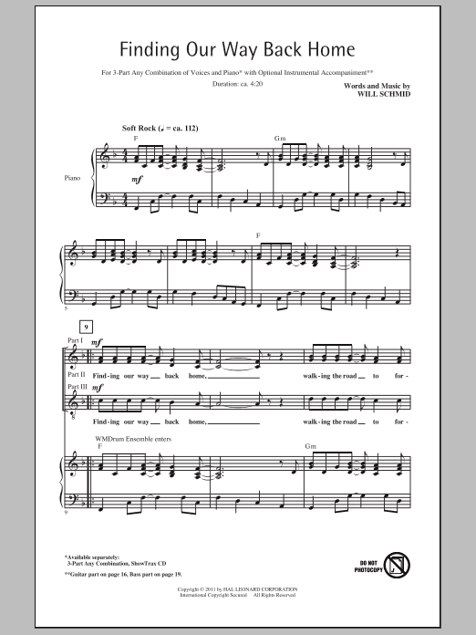 Will Schmid Finding Our Way Back Home sheet music notes and chords arranged for 3-Part Mixed Choir