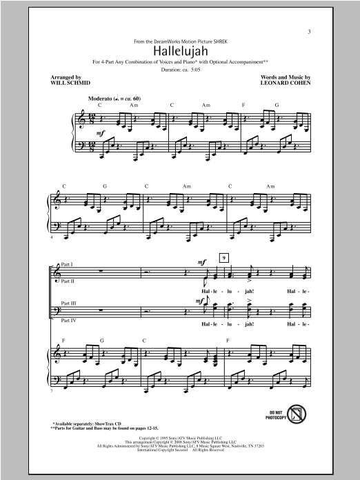 Will Schmid Hallelujah sheet music notes and chords arranged for 4-Part Choir