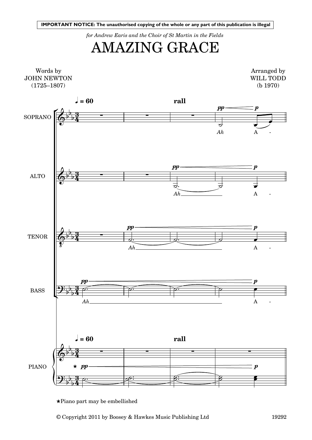 Will Todd Amazing Grace sheet music notes and chords arranged for SSAATTBB Choir