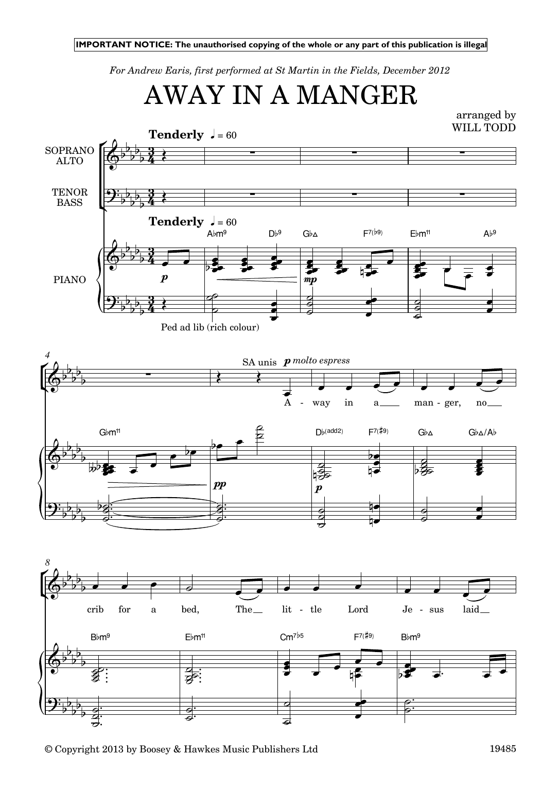 Will Todd Three Jazz Carols (Away in a Manger; Once in Royal David’s City; Silent Night) sheet music notes and chords arranged for SATB Choir