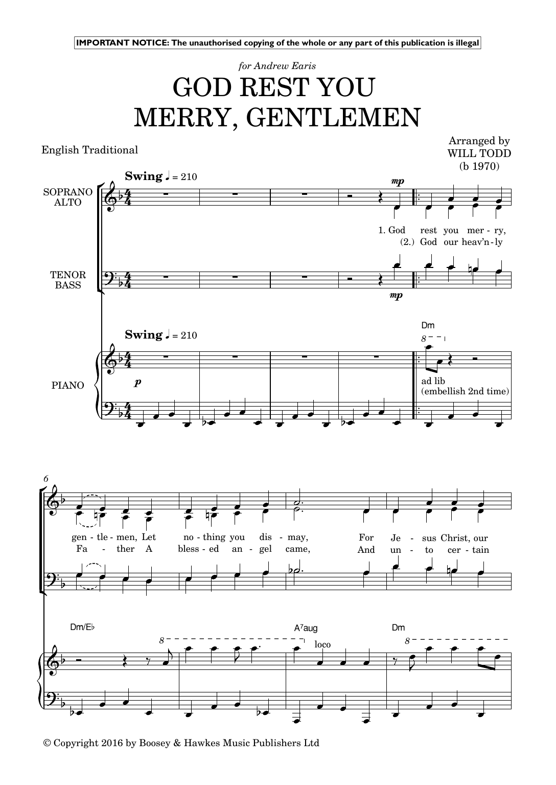 Will Todd Two Extra Jazz Carols (God Rest You Merry, Gentlemen; O Come, All Ye Faithful) sheet music notes and chords arranged for SATB Choir