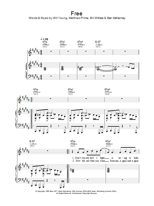 Will Young Free sheet music notes and chords arranged for Piano, Vocal & Guitar Chords
