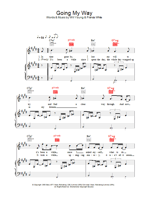 Will Young Going My Way sheet music notes and chords arranged for Piano, Vocal & Guitar Chords