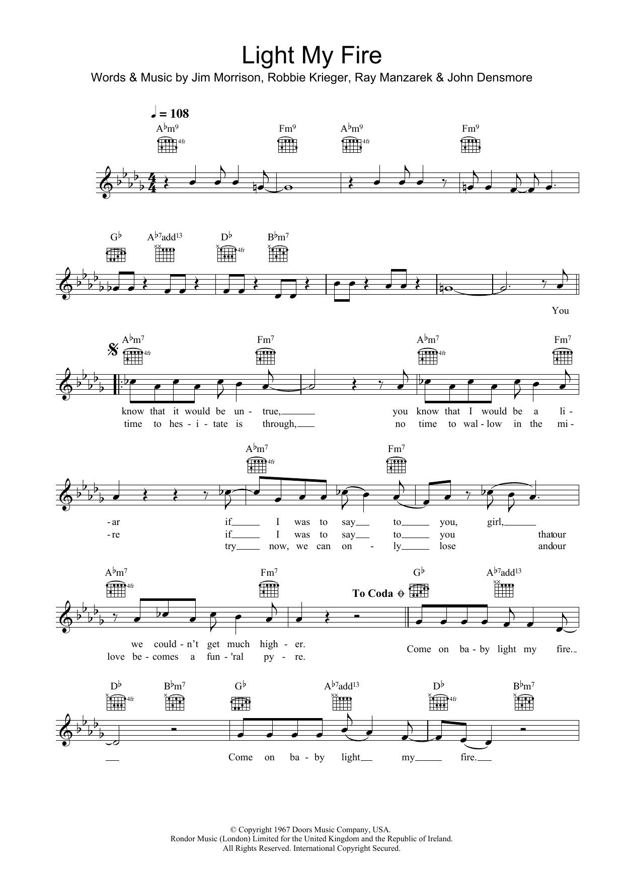 Will Young Light My Fire sheet music notes and chords arranged for Lead Sheet / Fake Book