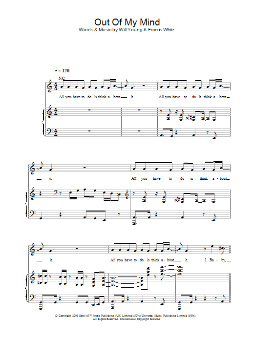 Will Young Out Of My Mind sheet music notes and chords arranged for Piano, Vocal & Guitar Chords